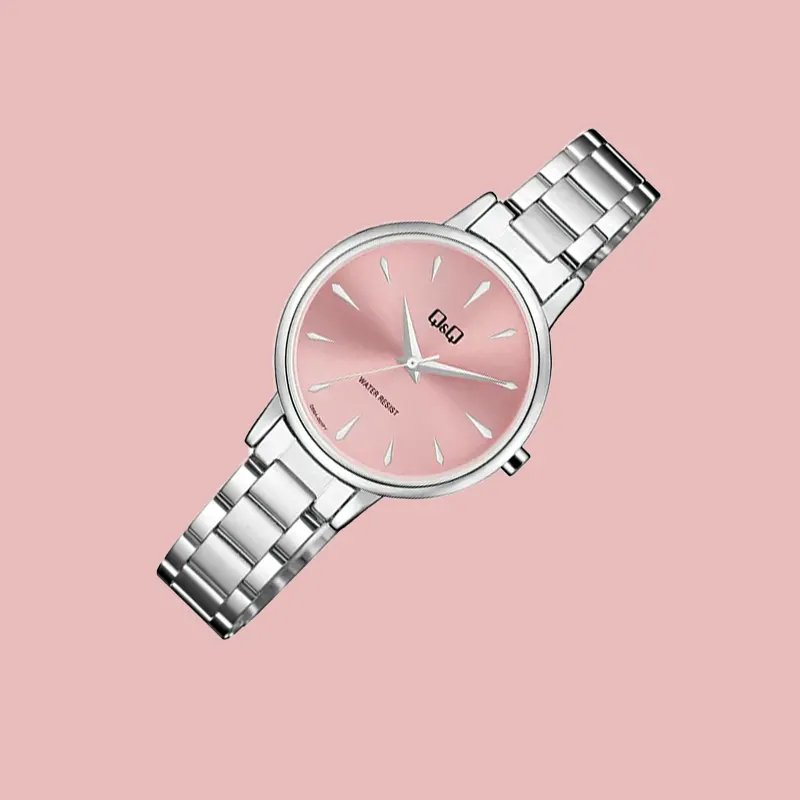 Q&Q Pink Dial Silver Quartz Ladies Watch- Q56A-001PY